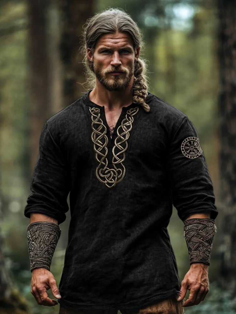 Men's Vintage Viking Symbol Linen V-neck Shirt