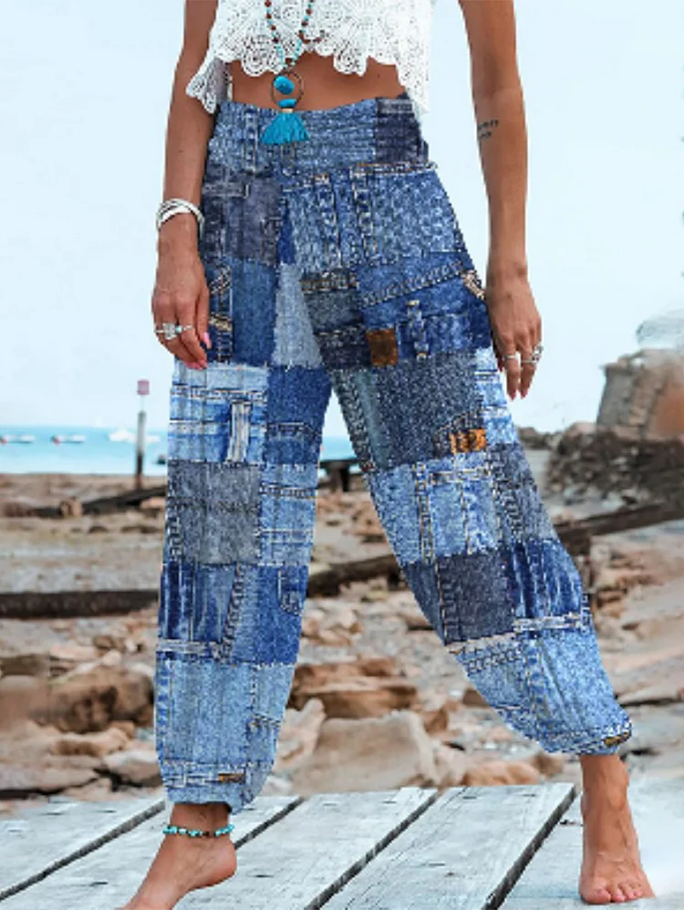 Casual Grid Patchwork High Waist Loose Pants