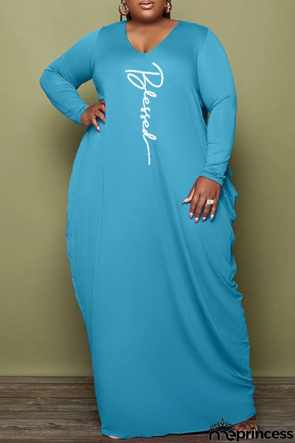 White Fashion Casual Print Basic V Neck Long Sleeve Plus Size Dresses