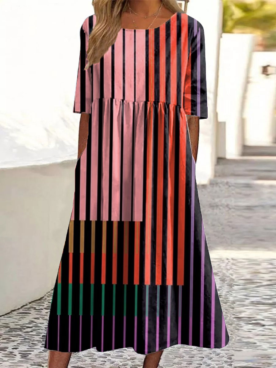 Women's Vintage Abstract Geometric Art Print Pocket Cotton Dress