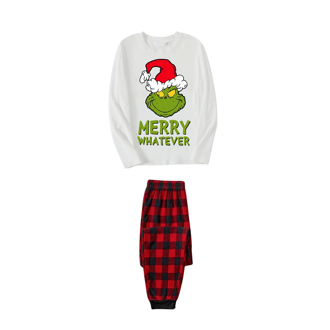 Wear Santa Hat Green Elf Cartoon Pattern "Merry Christmas" Lettering Prints Contrast White Long Sleeve with Red&Black Plaid Pants Family Matching Pajamas