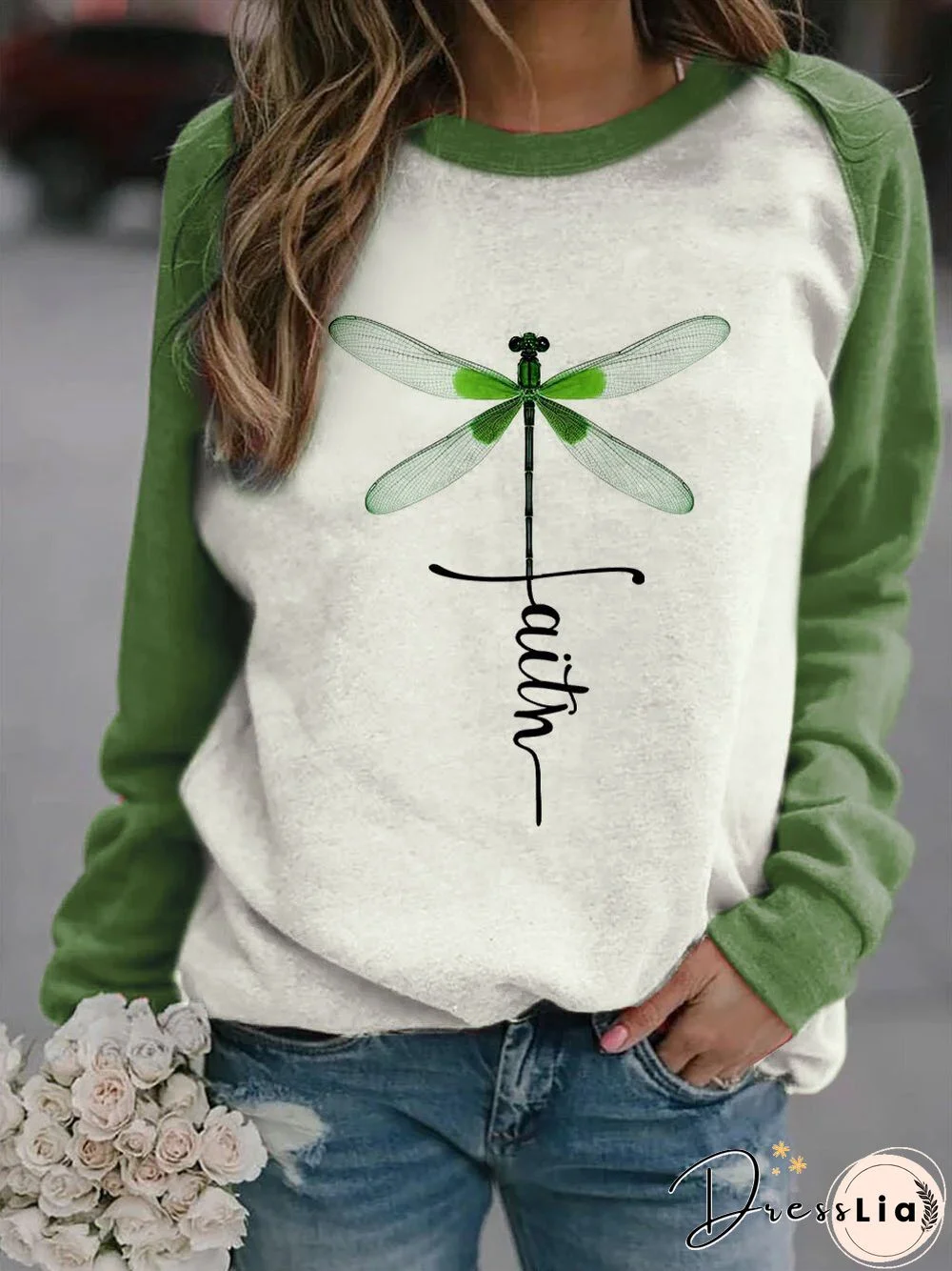 Casual Green Dragonfly Long Sleeve Floral-Print Tops