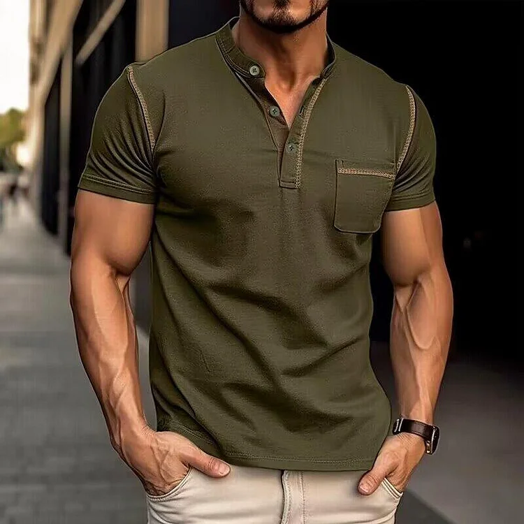 Men's Casual Colorblock Henley Collar Short Sleeve T-Shirt
