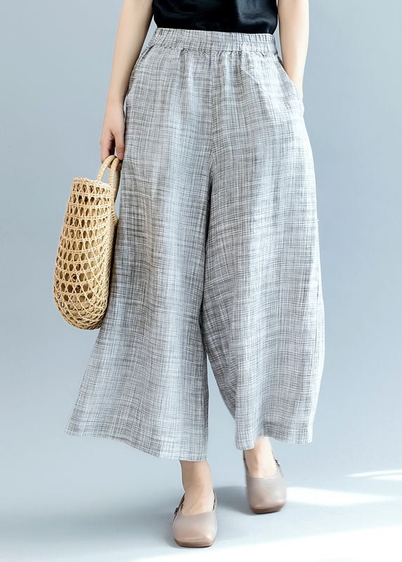 French Grey elastic waist Linen wide leg pants Spring CK1939- Fabulory