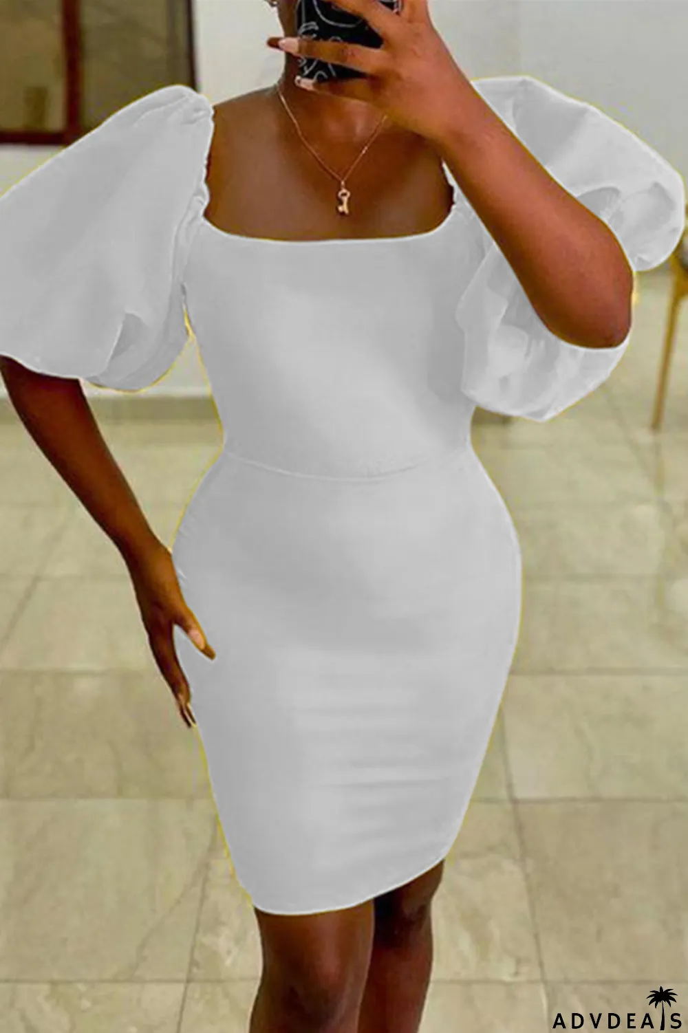 Yellow Sexy Casual Solid Basic Square Collar Short Sleeve Dress