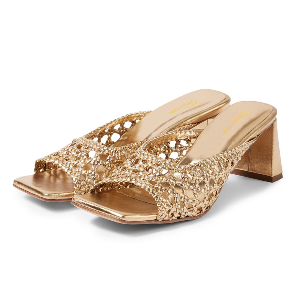 Women's Square Toe Chunky Heel Hollow-Out Slip On Gold Sandals Nicepairs