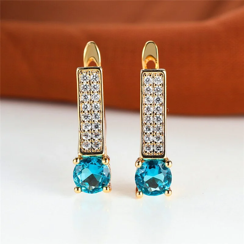 Luxury Female Light Blue Stone Earrings Yellow Gold Color Clip Earrings For Women Charm Crystal Zircon Wedding Earrings