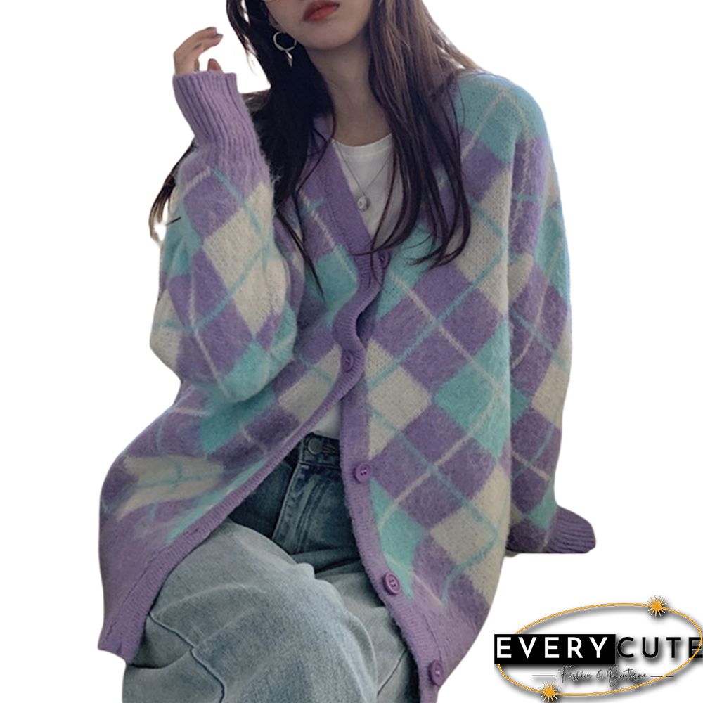 Womens Vintage Argyle Print Button Down Knit Sweater Long Sleeve V Neck Loose Cardigan Autumn Ins Knitting Tops