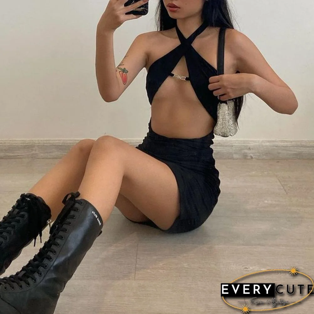 Sexy Backless Halter Sexy Cut-Out Women Mini Dresses Bodycon Club Fashion Sleeveless Black Dress Holiday Clothes