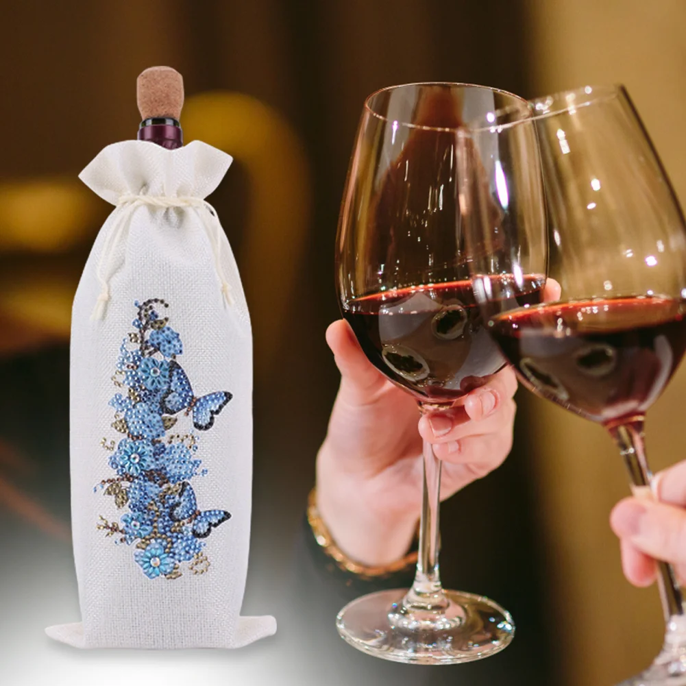 DIY Flower Diamond Painting Burlap Wine Gift Bags Label Liquor Bottle Covers