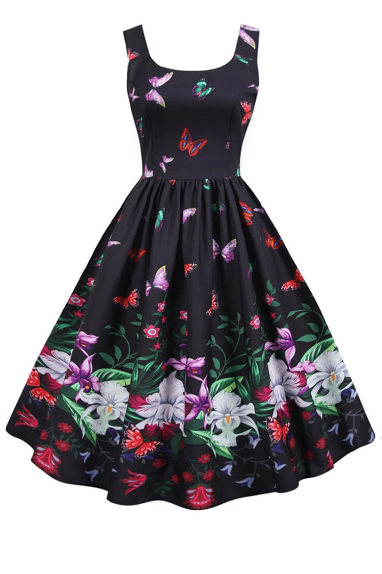 1950s Black Halloween Butterfly Floral Print Tunic Swing Midi Dress