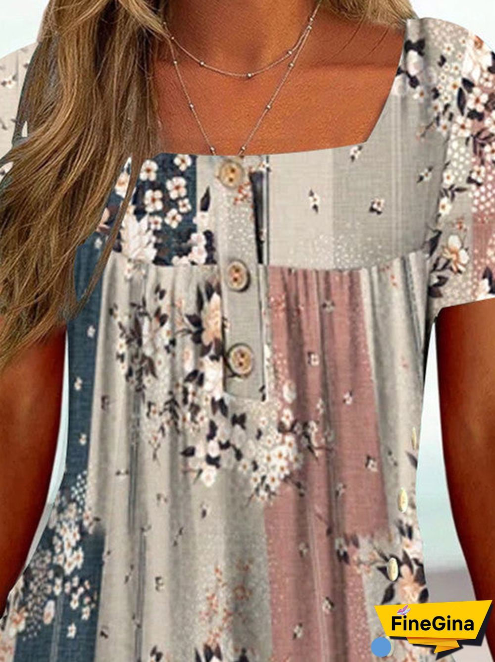 Women Short Sleeve U-neck Stitching Floral Printed Tops