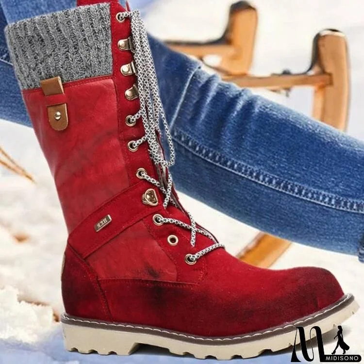 Women‘s Splicing Lace Up Mid Calf Winter Snow Boots