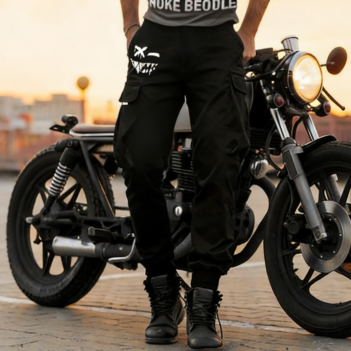 Smiley Print Multi-pocket Cargo Joggers