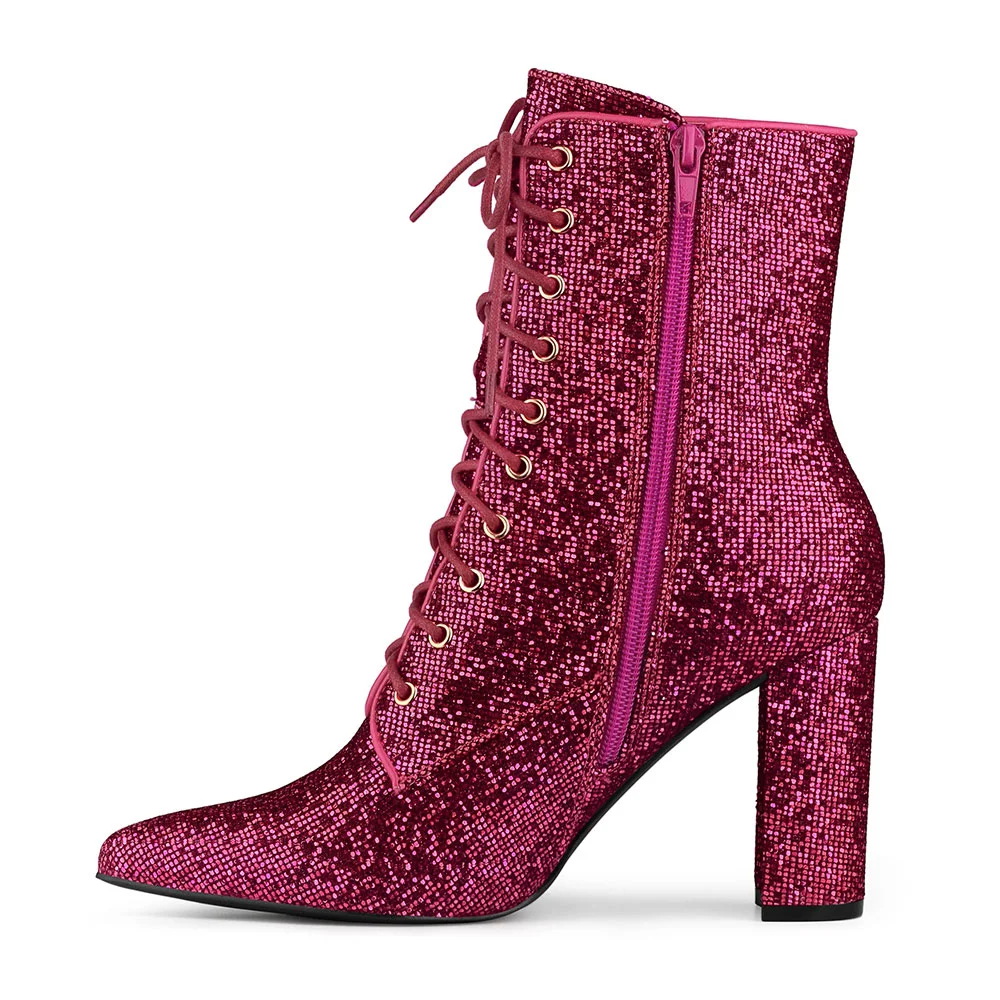 Fuchsia Glitter Chunky Heel Front Lace Up Zipper Pointed Toe Boots