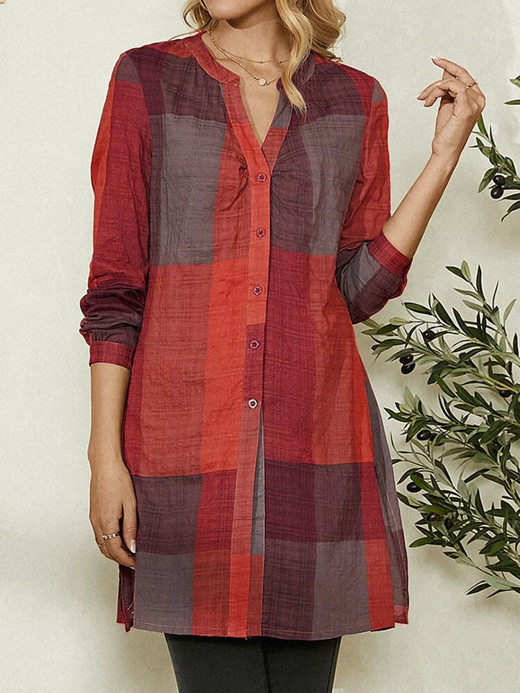 Contrast Color Plaid Print Long Sleeve Casuak Shirt For Women P1794163
