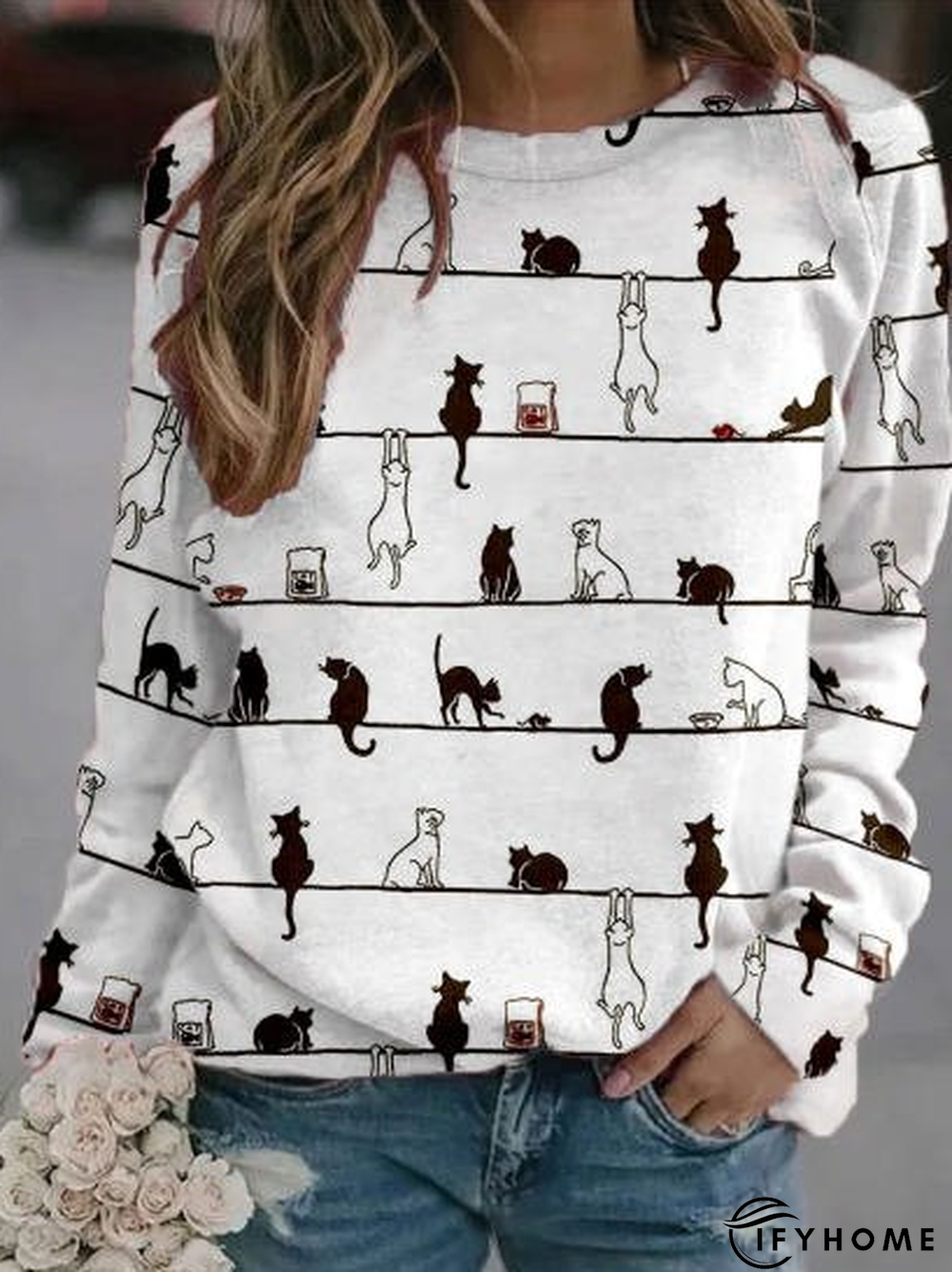 Women Casual Cute Cat Crew Neck Long Sleeve Shirt & Top | IFYHOME