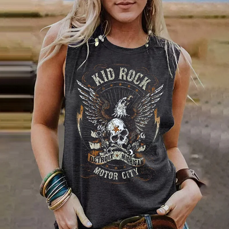 Vintage Rocker Print Sleeveless Tank Top