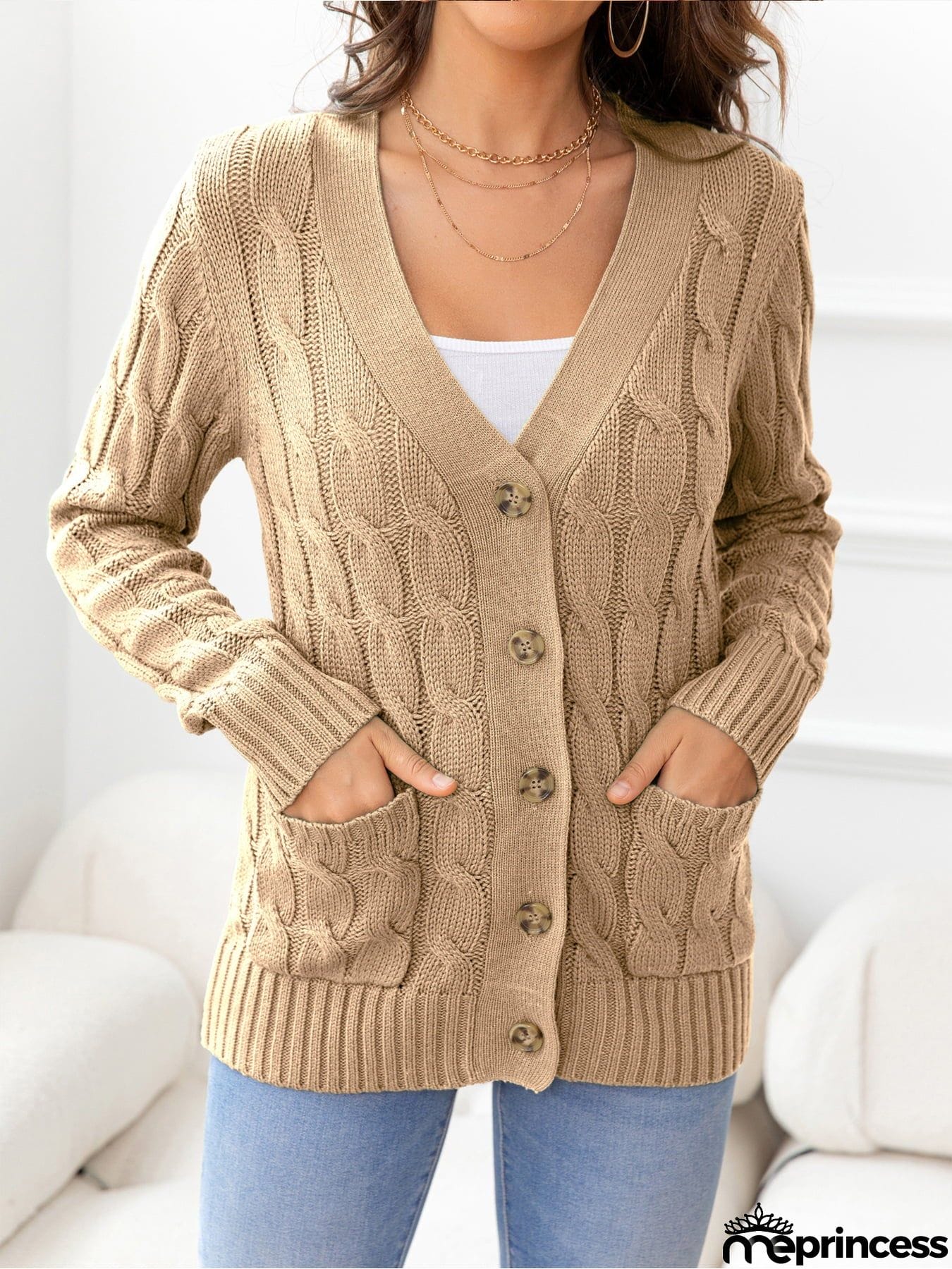 Button Down Cable-Knit Cardigan