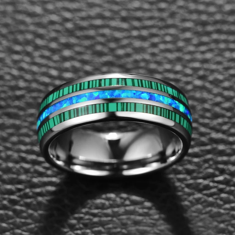8mm Silver Natural Opal And Malachite Inlay Tungsten Carbide Men's Wedding Bands