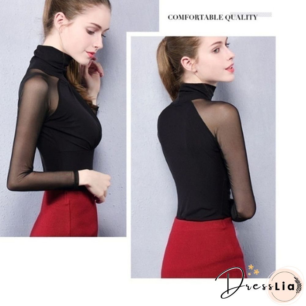 New Fashion Lady Blouse Lace Mesh Turtleneck Long Sleeves Slim Thin Patchwork Spring and Autum Shirt