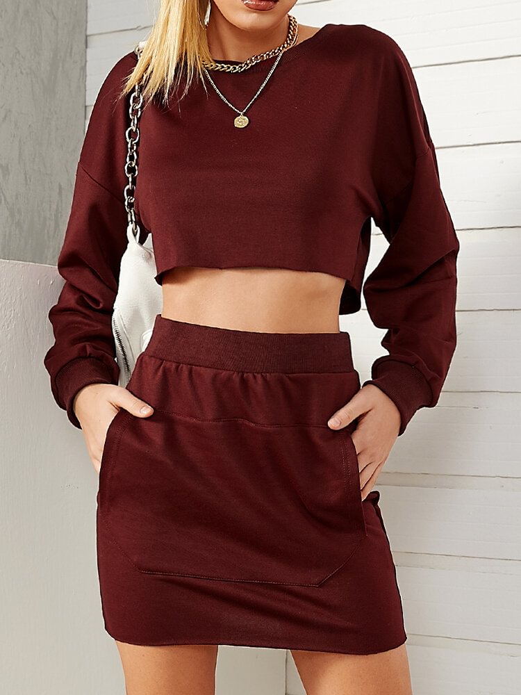 Solid Color Long Sleeve T-shirt Short Pocket Skirt Casual Set for Women - Life is Beautiful for You - SheChoic