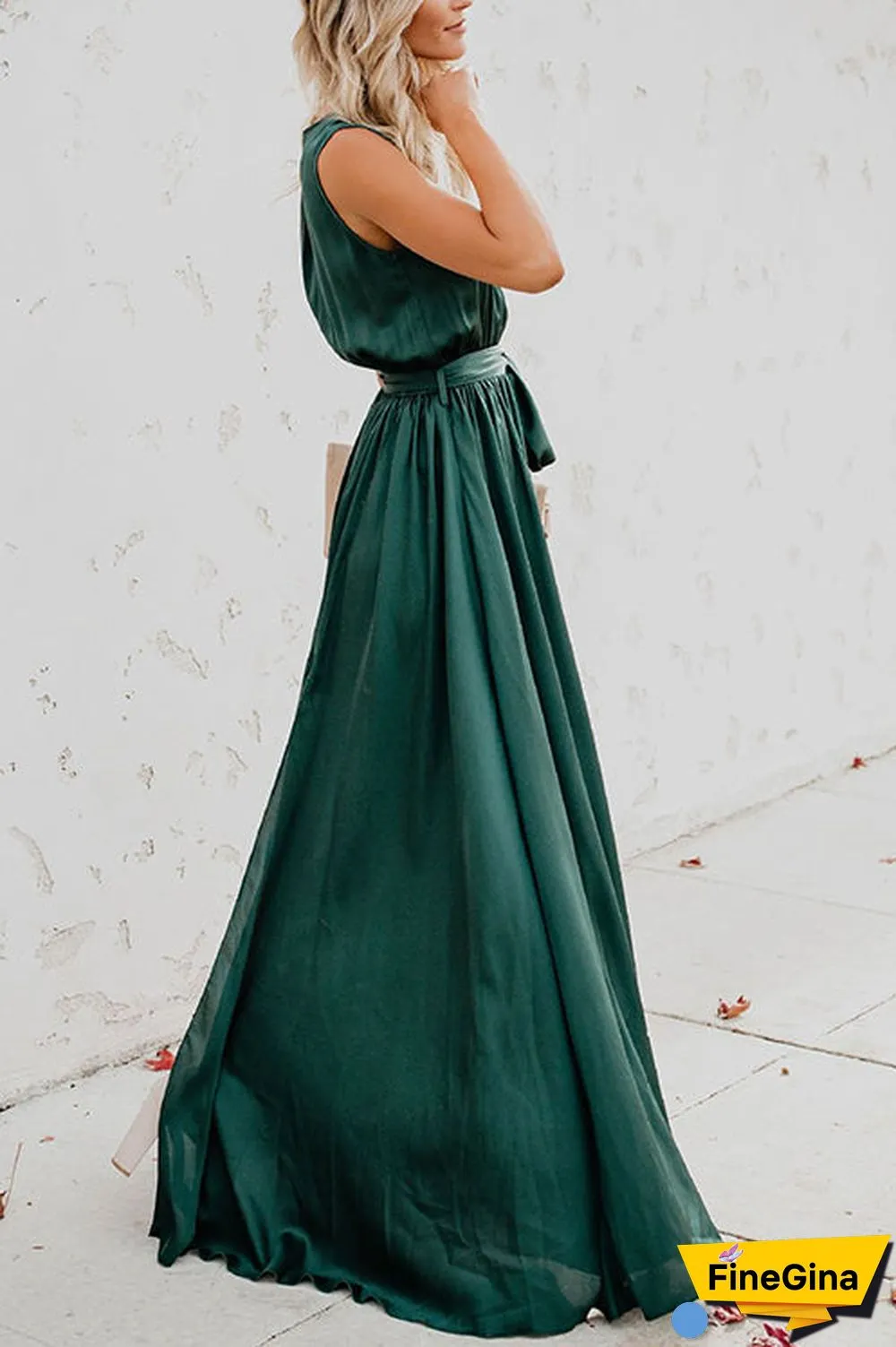 V Neck Sleeveless Slit Wrap Maxi Dress