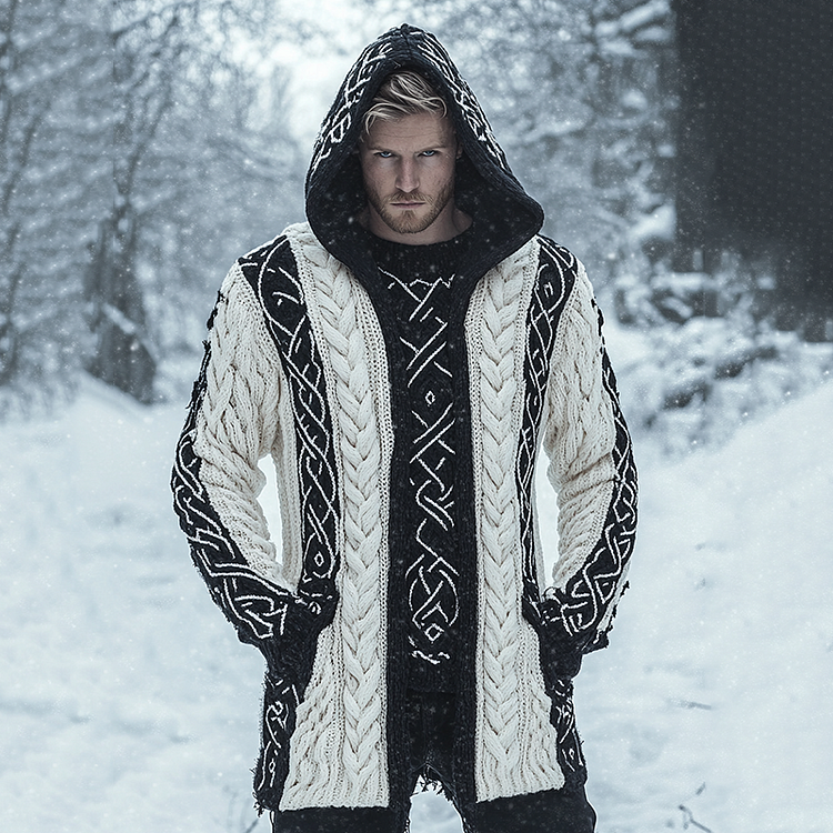 VChics Men's Vintage Viking Rune Knit Jacquard Hooded Cardigan