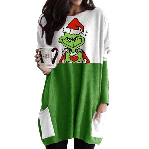 Grinch Long Sweatshirt for Women Christmas Sweatshirt Pullover Tops with Pocket