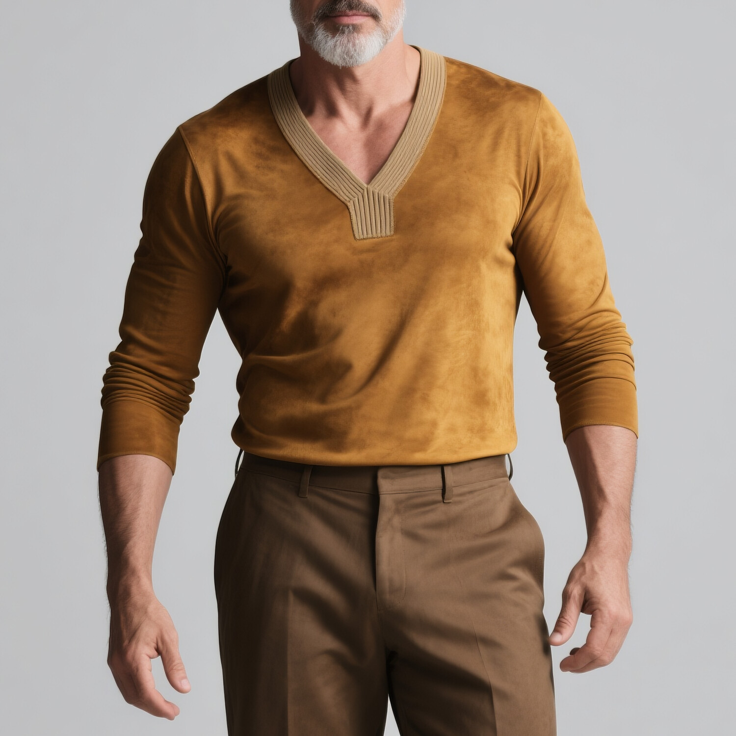 Men's Ribbed V Neck Long Sleeve Suede T-Shirt