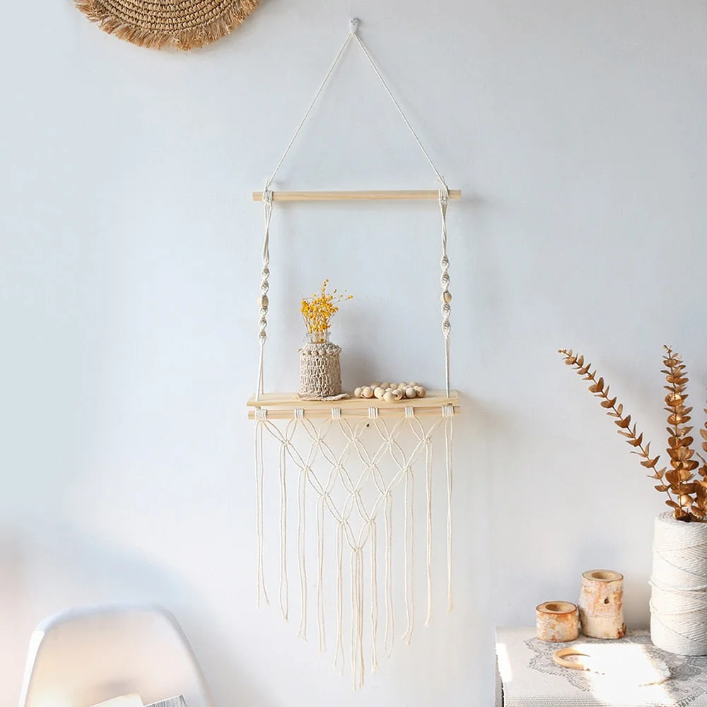 Hanging Shelves Wall Macrame Rope Wood, Swing Triangle Floating Shelf, Modern Boho Decor, Plant, Living Room, Bedroom