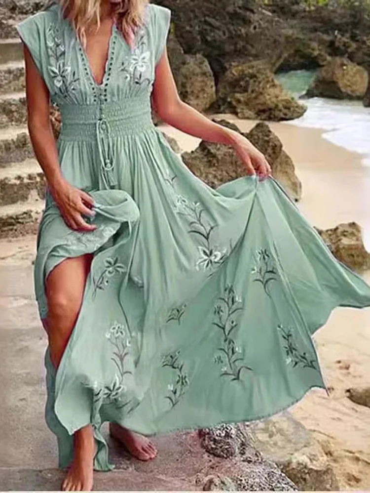 Boho Floral V Neck Smocked Drawstring Maxi Dress