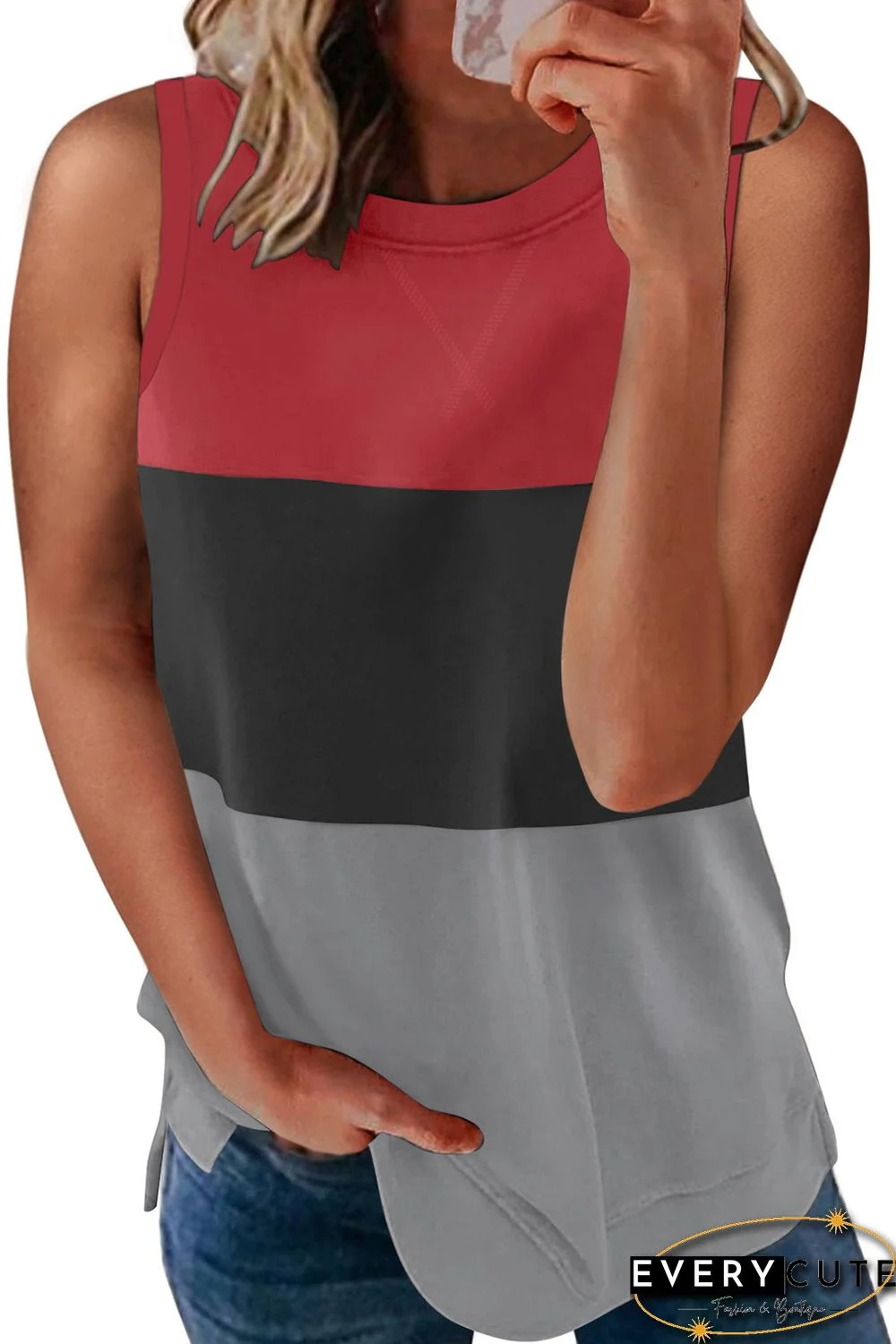 Gray Color Block Crew Neck Tank Top