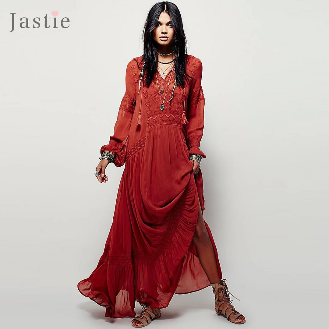Jastie Women Dresses Elegant Ladies Vintage Long Sleeve Embroideried Orange Red Maxi Dress Vestidos Femininos Boho Style 2023