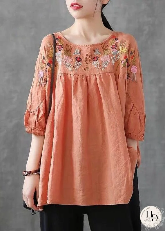 Plus Size Orange O-Neck Embroideried Wrinkled Patchwork Linen T Shirts Summer