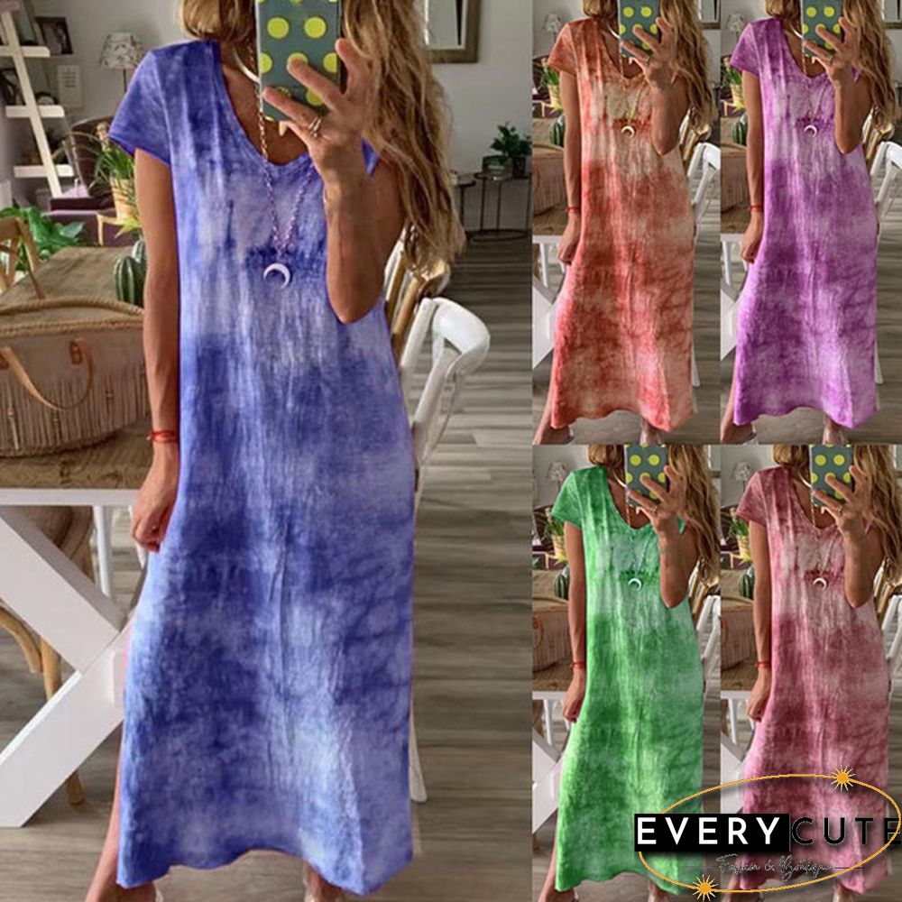 Summer Fashion Tie-Dye Short Sleeve Long Dress Loose V Neck  Maxi Dress