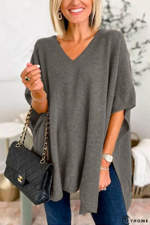 Gray Half Sleeve Hoodie Casual Wool Blend Plain Tunic T-Shirt | IFYHOME