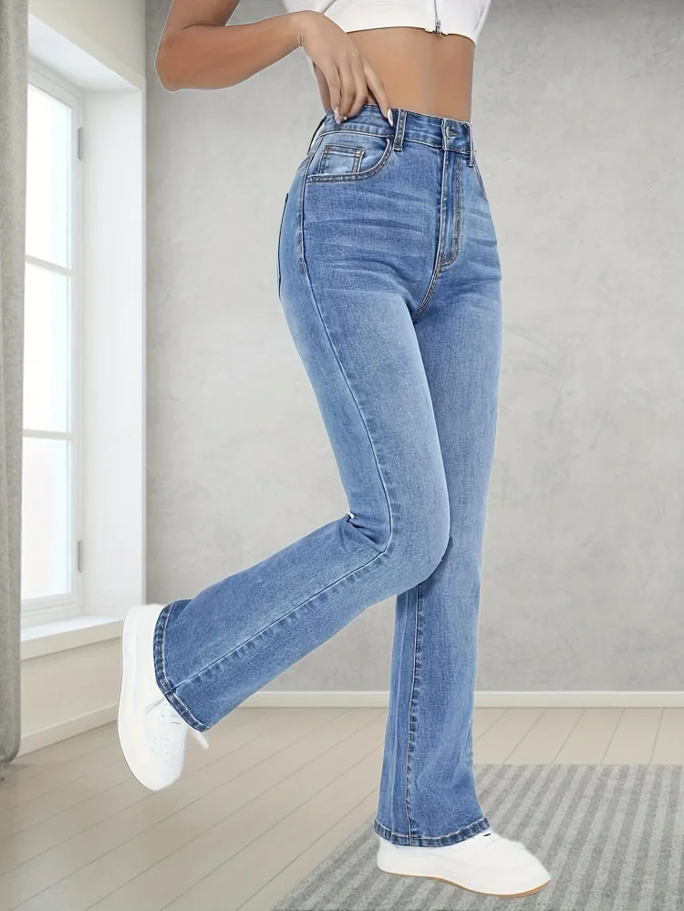 Chic and Comfy Light Blue Bootcut Mid-Stretch High Waist Jeans