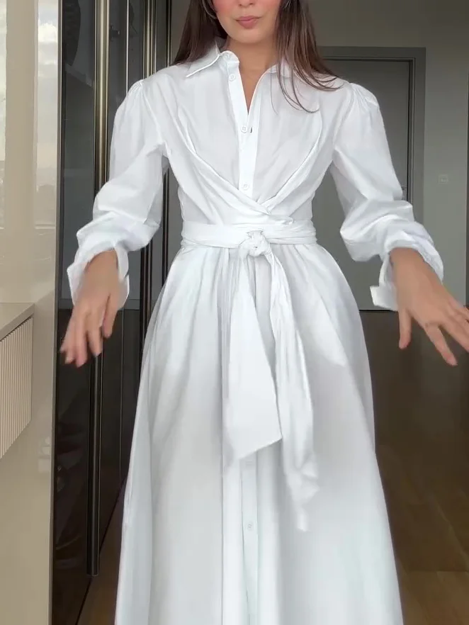 White Strappy Long Sleeve Shirt Dress