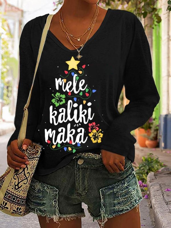 🔥Buy 2 Get 5% Off🔥Women's Mele Kalikimaka Bing Crosby Hawaii Print V-Neck Long Sleeve T-Shirt