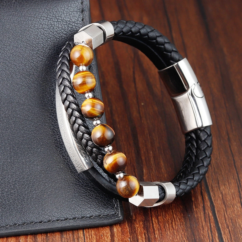 Ornament Men's Multi-Layer Woven Beads Bracelet Yellow Tigereye Leather Bracelet L20302