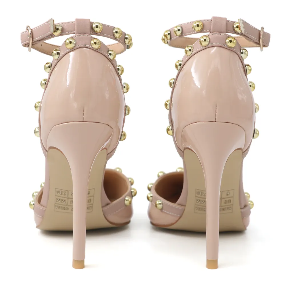 100mm Womens Pointed Toe Pumps Golden Round Rivets Ankle Nude Strap Sandals-vocosishoes