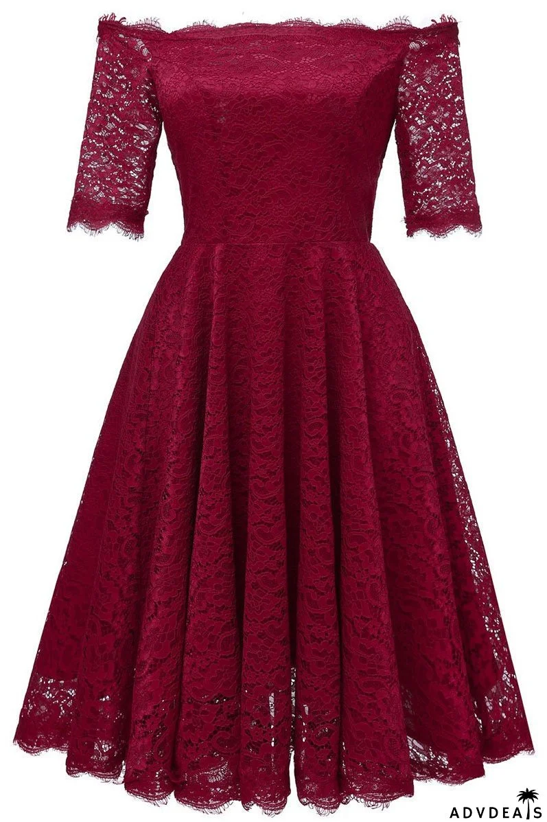 Burgundy Off-the-shoulder Lace Bridesmaid Prom Dress With Sleeves