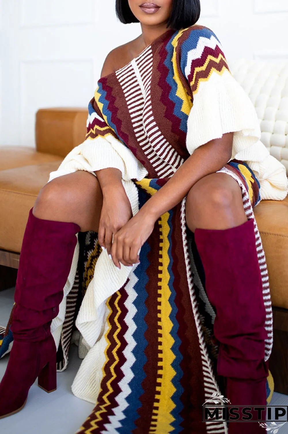 Blue Casual Print Patchwork Flounce Slit O Neck Straight Dresses