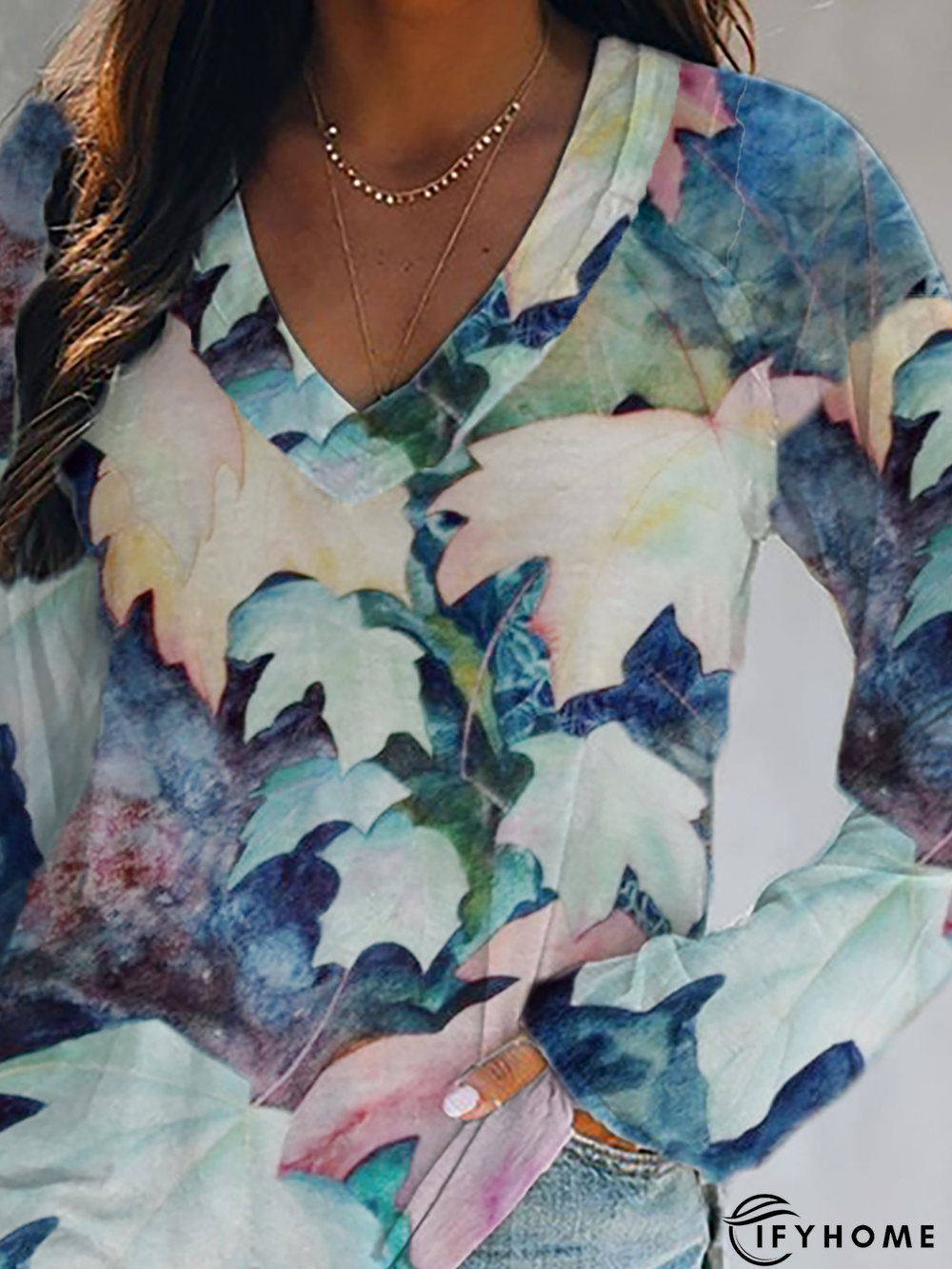 Loosen Leaves Printed V Neck Tunic T-Shirt | IFYHOME