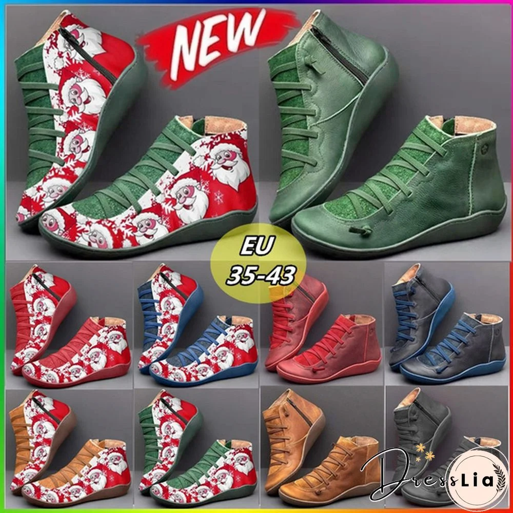 Newest Ladies Christmas Santa Claus Print Casual Short Boots Women's Medieval Vintage Leather Boots Ankle Shoes Flat Heel Round Toe Ankle Boots Retro Handmade Boots