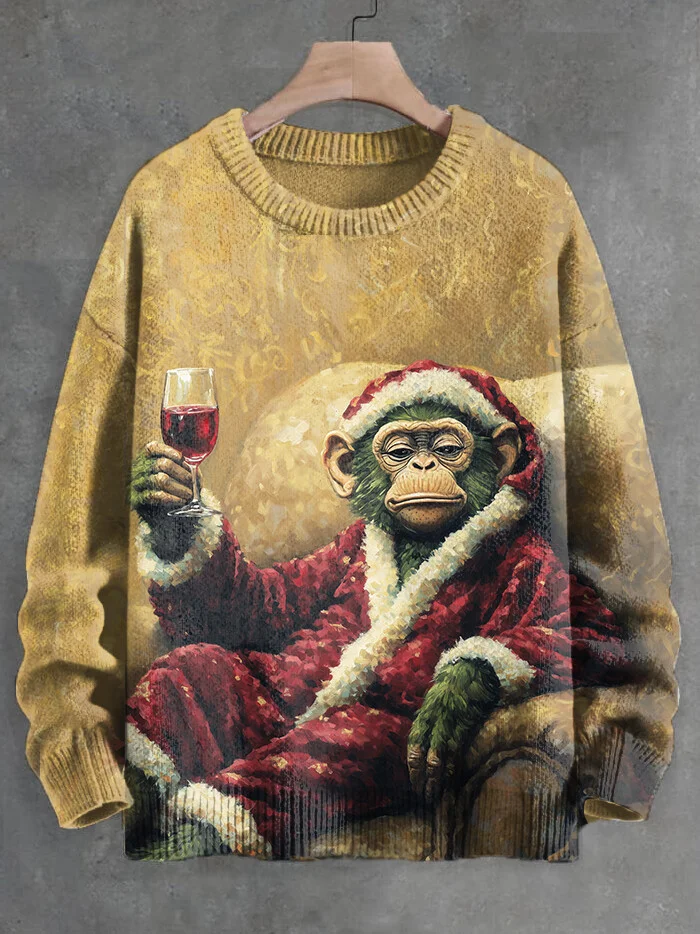 Men's Christmas Monkey Drinking Red Wine Art Print Knit Sweatshirt
