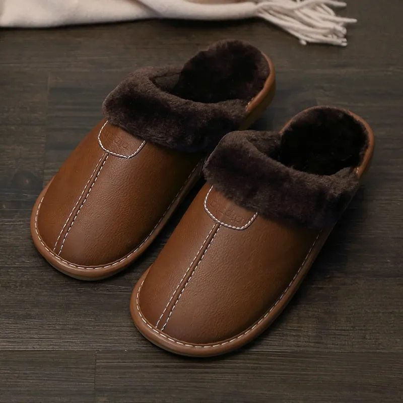 Men's Leather Home Warm Cotton Slippers Men's Home Autumn and Winter Indoor Wooden Floor Non-slip Thick Slippers Mens Slippers