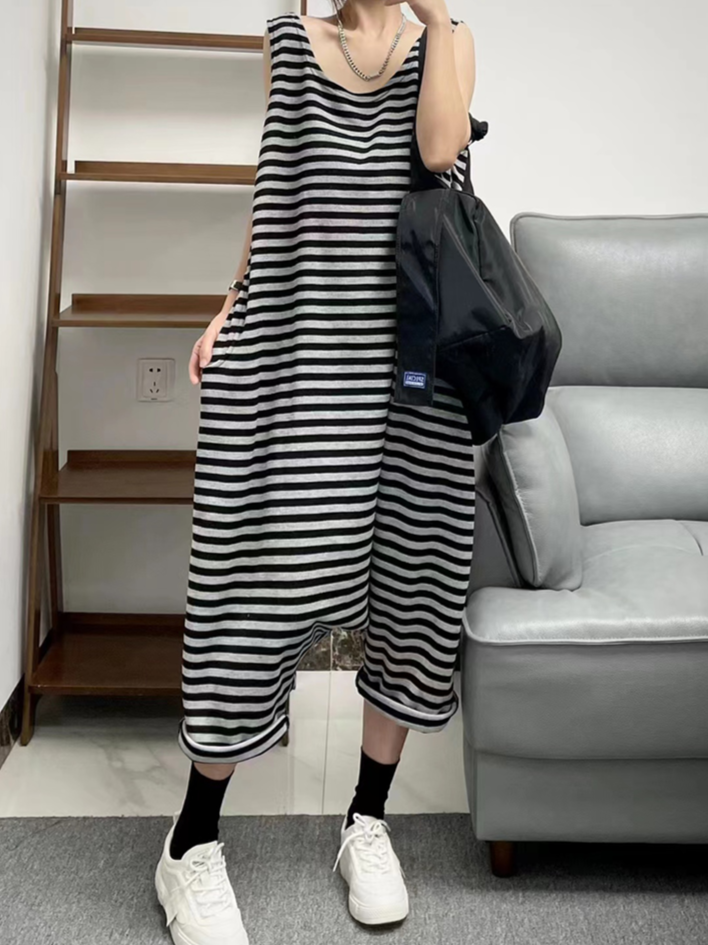 Street Style Striped Knit Cotton Sleeveless Jumpsuit