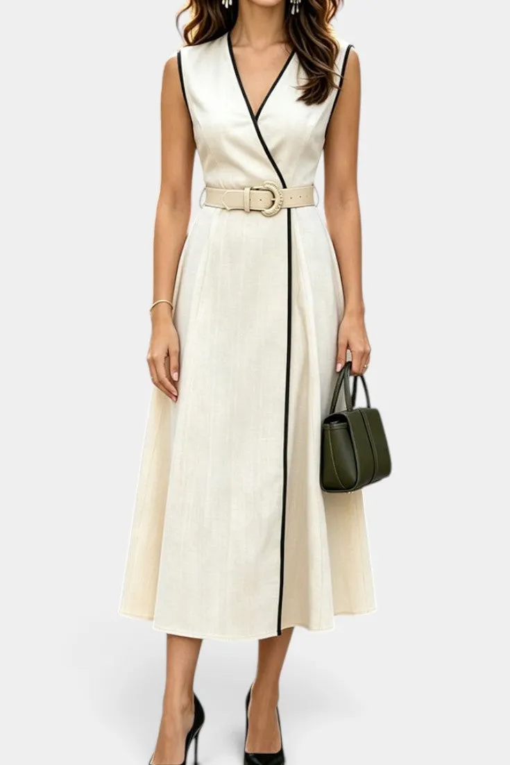 Wrap Midi Dress with Belted V-Neckline